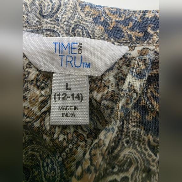 Time and Tru Large (12-14) Womens Blue Beige Paisley Patchwork Long Sleeve Top - Picture 4 of 10